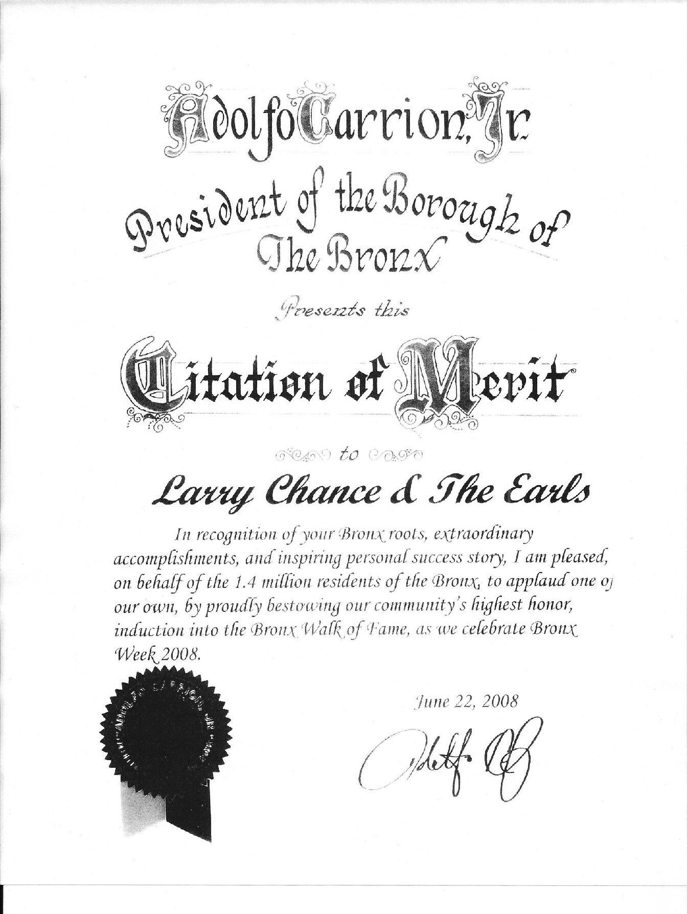 Walk of Fame certificate for Larry Chance and the Earls